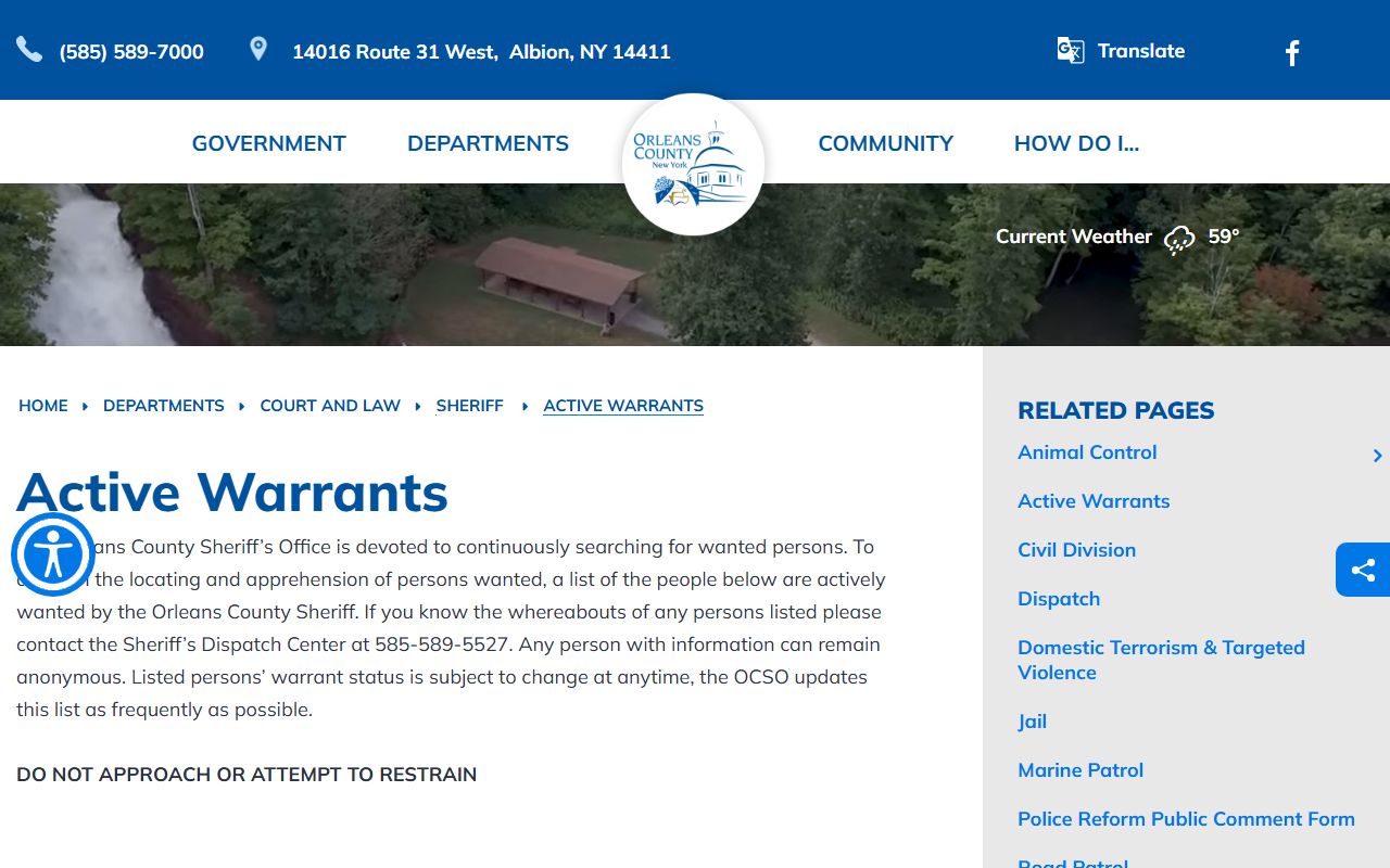 Orleans County active warrants page distinct from jail mugshots