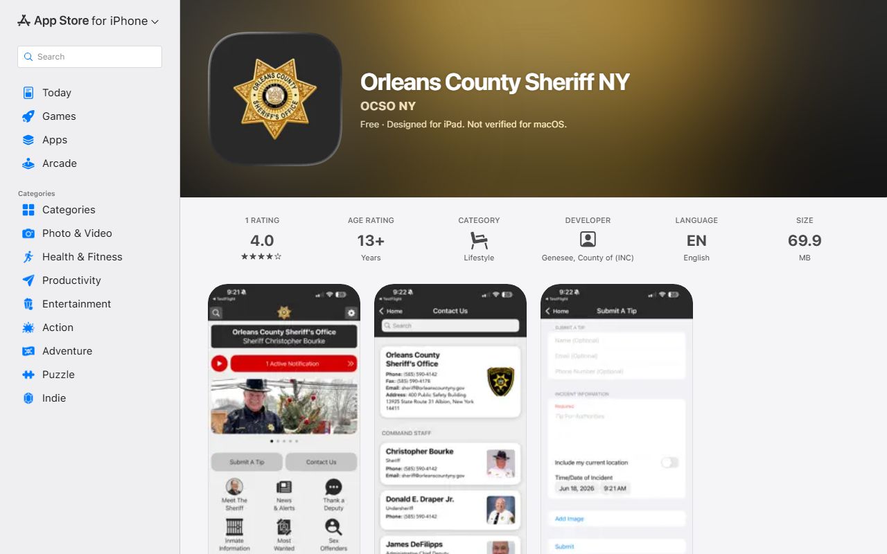Orleans County inmate records sheriff app listing